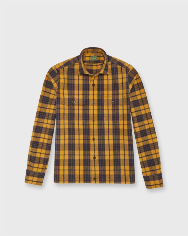 Band-Hem Work Shirt in Maize Brown Blue Brushed Heavyweight Twill For Discount