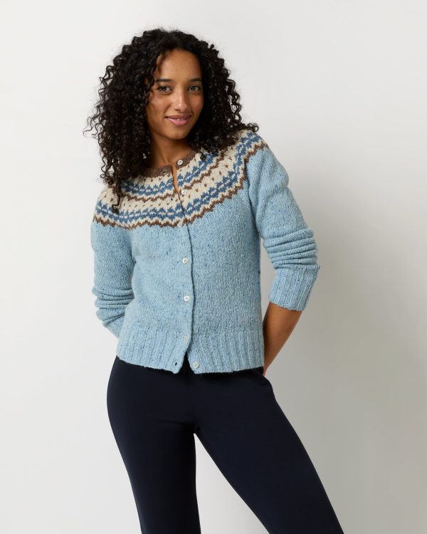 Marge Fair Isle Cardigan in Blue Brown Ivory Wool Blend Fashion