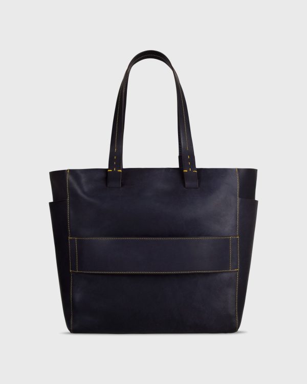 Leather Tote with Trolley Strap in Navy Supply