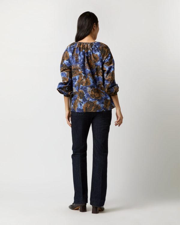 Ariana Blouse in Blue Multi Abstract Floral Habotai Hot on Sale