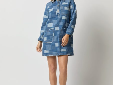 Aurelia Dress in Washed Indigo Patchwork Effect on Sale