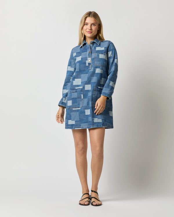 Aurelia Dress in Washed Indigo Patchwork Effect on Sale