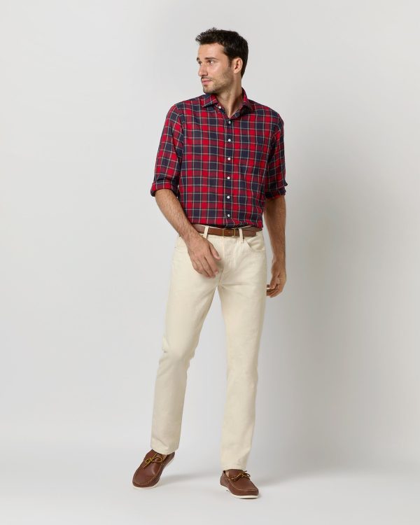 Spread Collar Sport Shirt in Red Navy Yellow Plaid Poplin Fashion