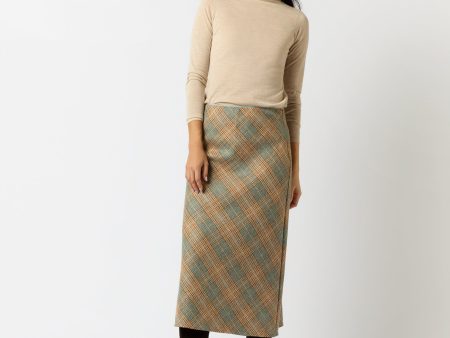 Marina Side-Zip Skirt in Camel Mist Large Plaid Wool on Sale