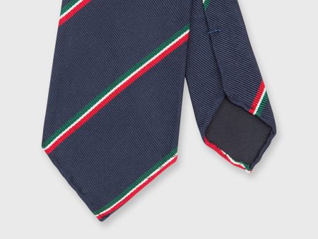 Silk Repp Tie in Navy Red White Green Stripe For Sale