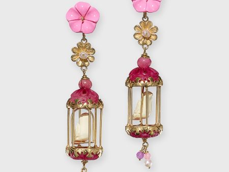 Aviary Classic Earrings in Gold Bubble Pink Fuchsia White on Sale