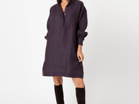 Anaya Popover Dress in Brown Navy Gingham Flannel Online Sale