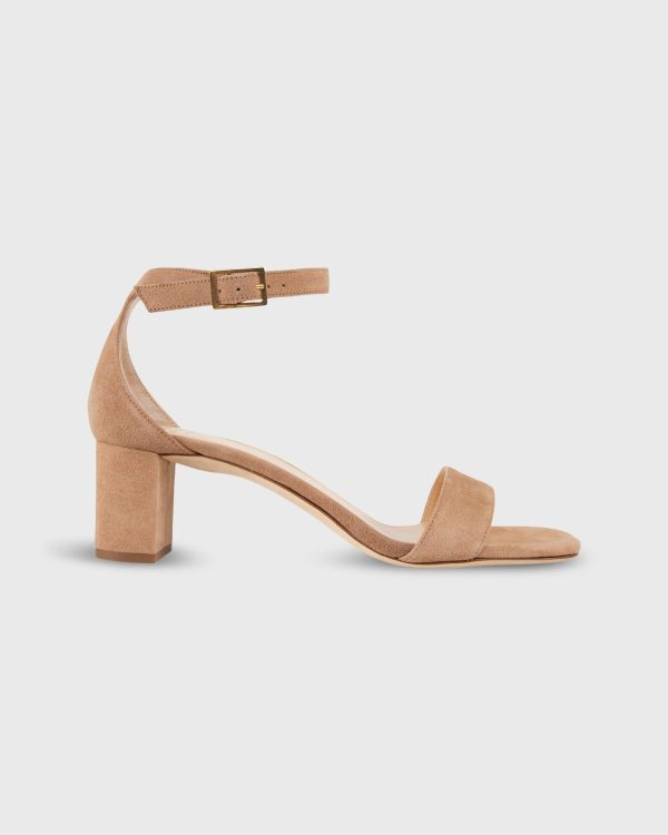 Ankle-Wrap Block Heel in Caramel Suede Fashion