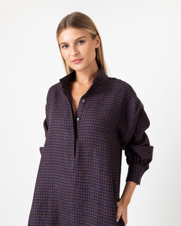 Anaya Popover Dress in Brown Navy Gingham Flannel Online Sale