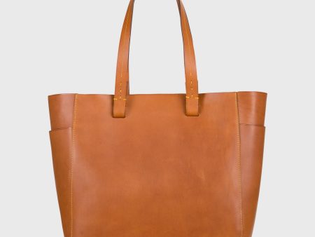 Leather Tote with Trolley Strap in English Tan For Sale