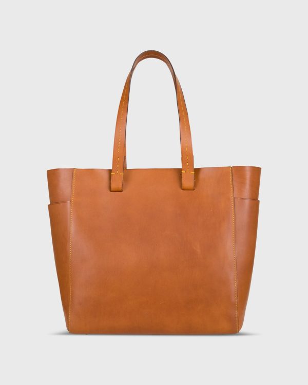 Leather Tote with Trolley Strap in English Tan For Sale