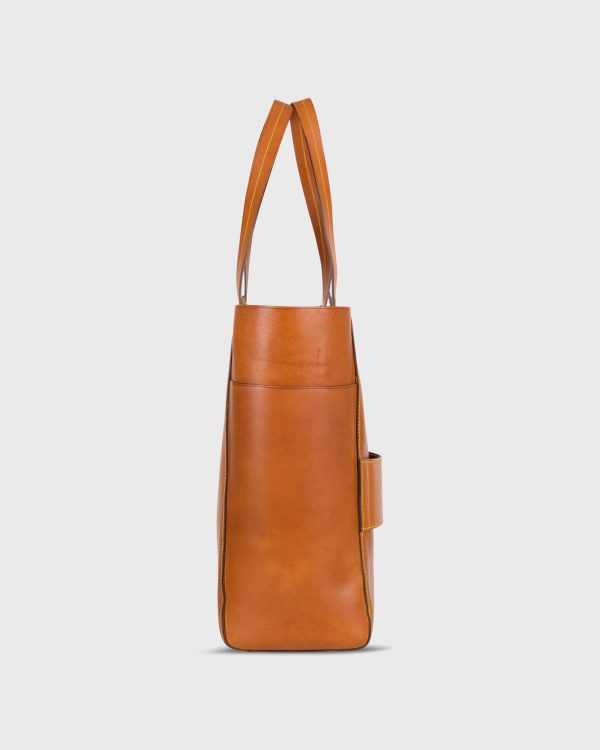 Leather Tote with Trolley Strap in English Tan For Sale