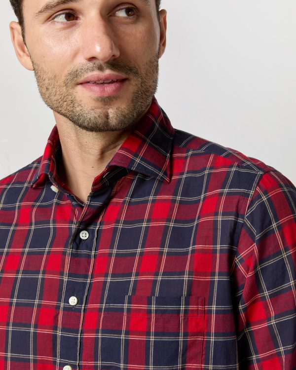 Spread Collar Sport Shirt in Red Navy Yellow Plaid Poplin Fashion