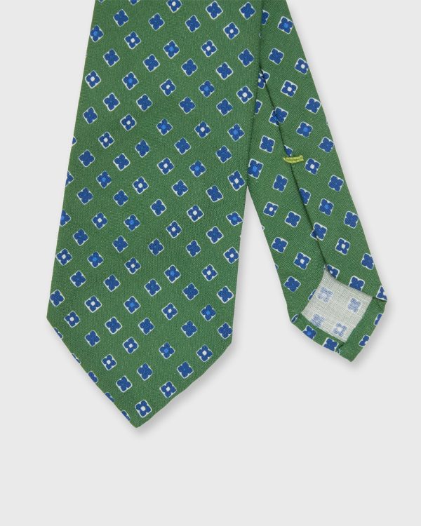 Linen Silk Print Tie in Green Blue Foulard on Sale