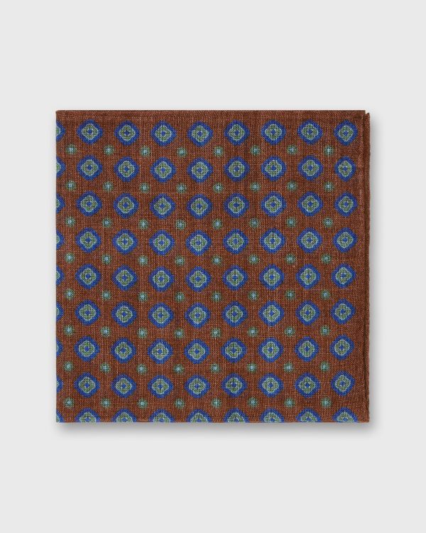 Wool Silk Pocket Square in Brown Blue Green Medallion Fashion