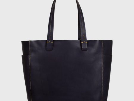 Leather Tote with Trolley Strap in Navy Supply