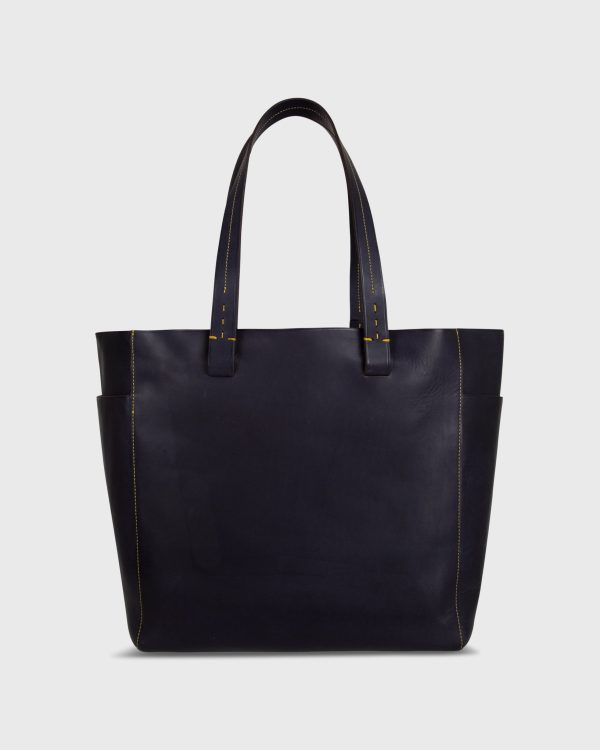 Leather Tote with Trolley Strap in Navy Supply