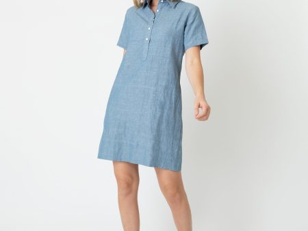 Short-Sleeved Popover Dress in Extra Light Washed Cotolino Chambray Sale