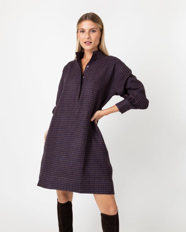 Anaya Popover Dress in Brown Navy Gingham Flannel Online Sale