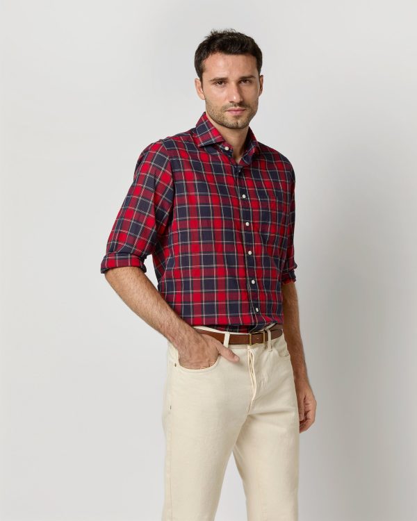 Spread Collar Sport Shirt in Red Navy Yellow Plaid Poplin Fashion