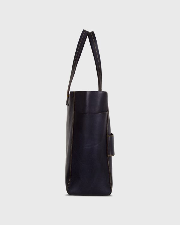 Leather Tote with Trolley Strap in Navy Supply