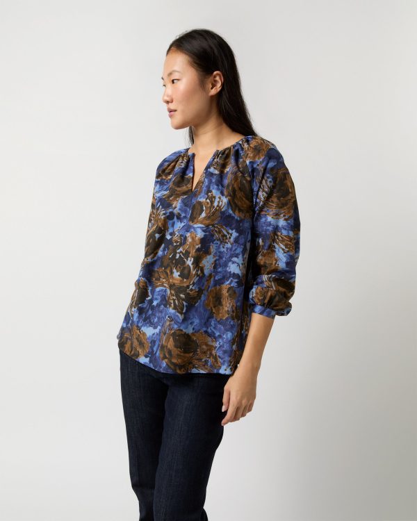 Ariana Blouse in Blue Multi Abstract Floral Habotai Hot on Sale