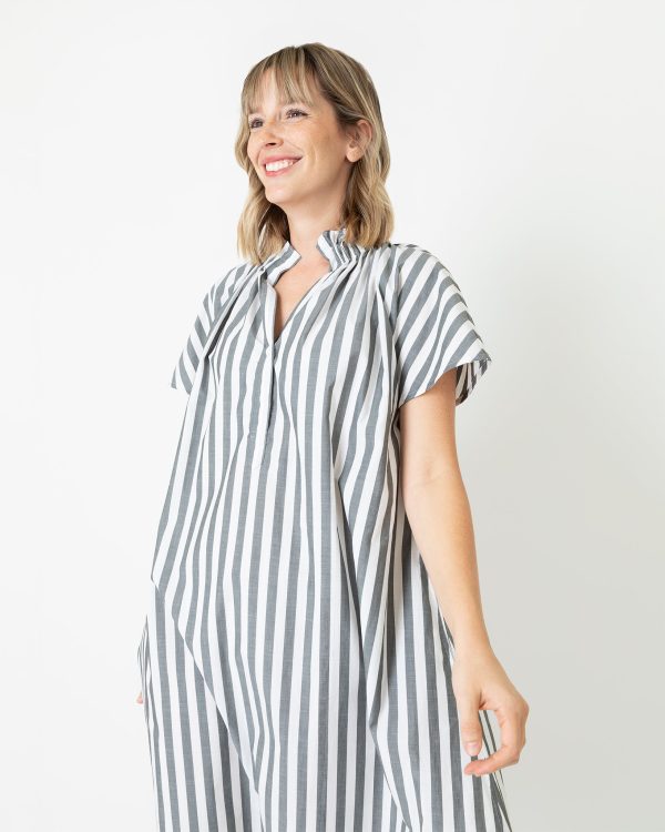 Atelier Volume Kami Dress in Olive Natural Bold Stripe Chambray Sale