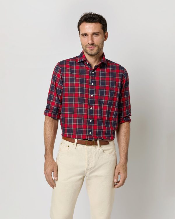 Spread Collar Sport Shirt in Red Navy Yellow Plaid Poplin Fashion