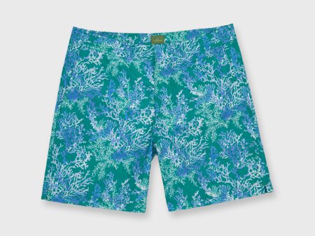 Zip-Front Mid-Length Swim Short in Blue Coral Print Nylon For Cheap