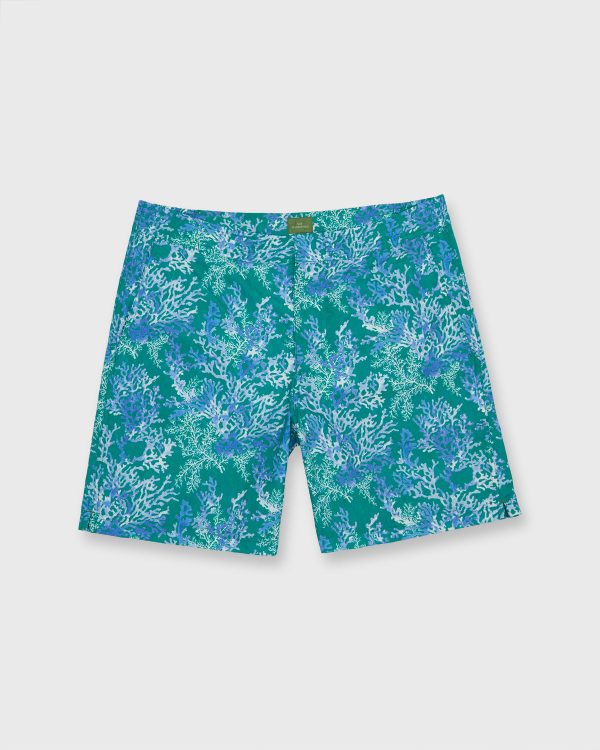 Zip-Front Mid-Length Swim Short in Blue Coral Print Nylon For Cheap