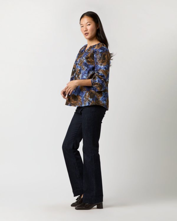 Ariana Blouse in Blue Multi Abstract Floral Habotai Hot on Sale