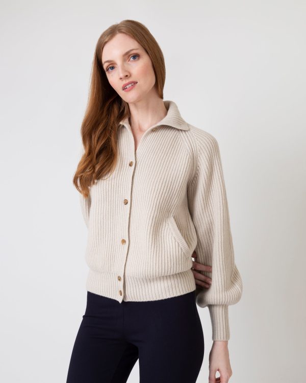 Alya Funnel-Neck Cardigan in Pale Wheat Cashmere on Sale