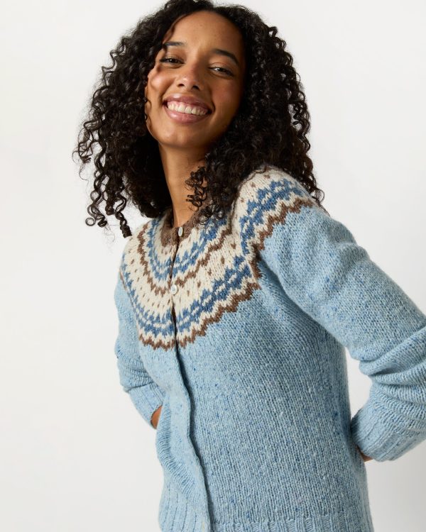 Marge Fair Isle Cardigan in Blue Brown Ivory Wool Blend Fashion