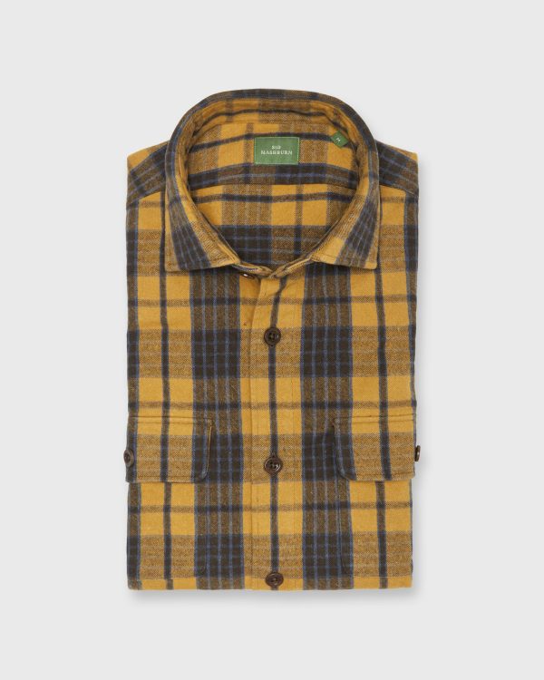 Band-Hem Work Shirt in Maize Brown Blue Brushed Heavyweight Twill For Discount