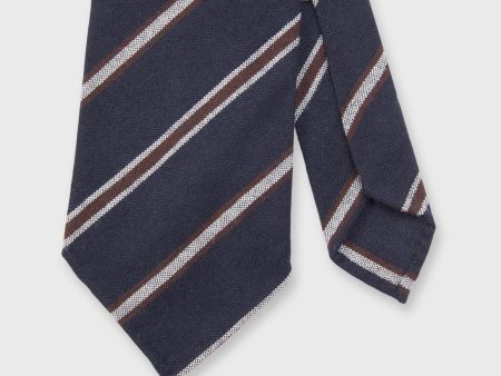 Wool Silk Woven Tie in Navy Chocolate White Stripe Online now