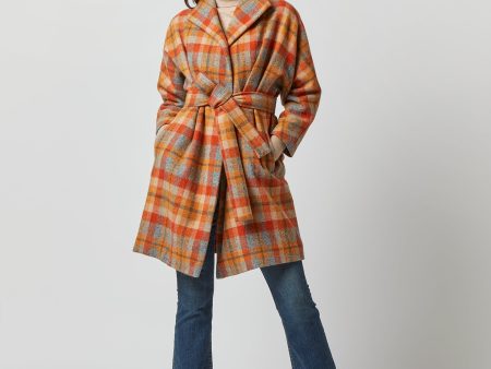 Kimono Carina Coat in Orange Grey Plaid Wool For Sale