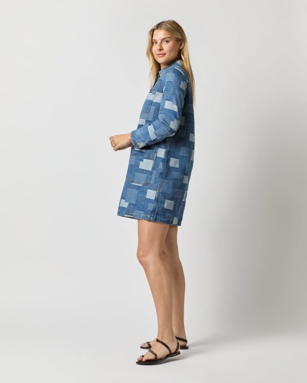 Aurelia Dress in Washed Indigo Patchwork Effect on Sale