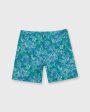 Zip-Front Mid-Length Swim Short in Blue Coral Print Nylon For Cheap