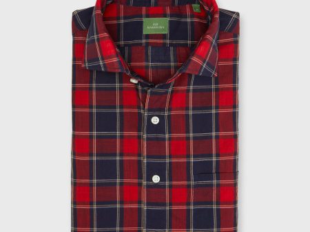 Spread Collar Sport Shirt in Red Navy Yellow Plaid Poplin Fashion