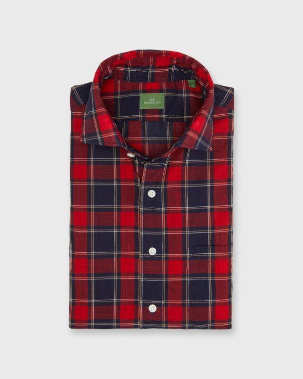 Spread Collar Sport Shirt in Red Navy Yellow Plaid Poplin Fashion