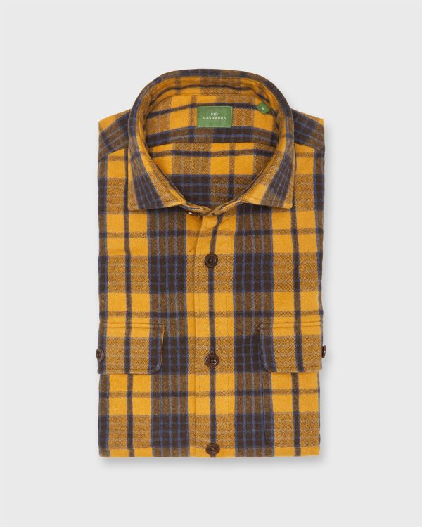 Band-Hem Work Shirt in Maize Brown Blue Brushed Heavyweight Twill For Discount