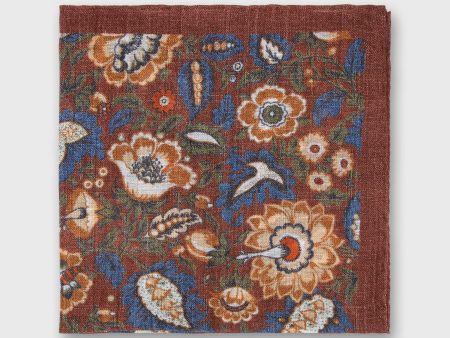 Wool Silk Pocket Square in Rust Gold Blue Floral Hot on Sale