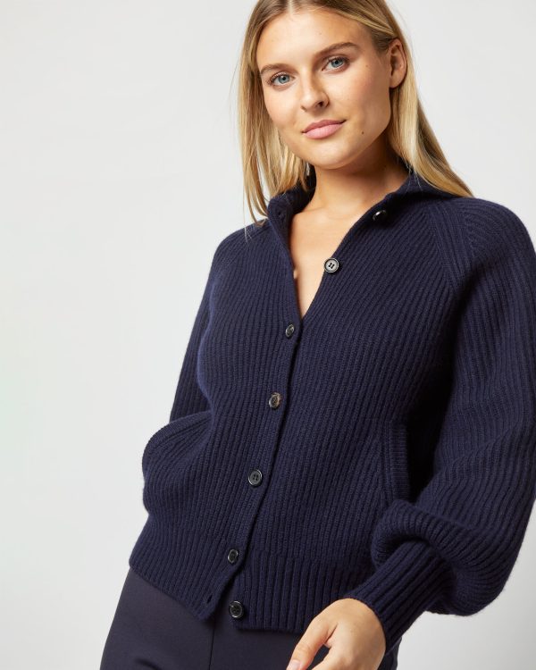 Alya Funnel-Neck Cardigan in Navy Cashmere Online now