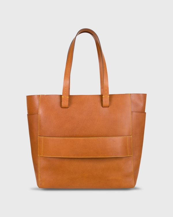 Leather Tote with Trolley Strap in English Tan For Sale